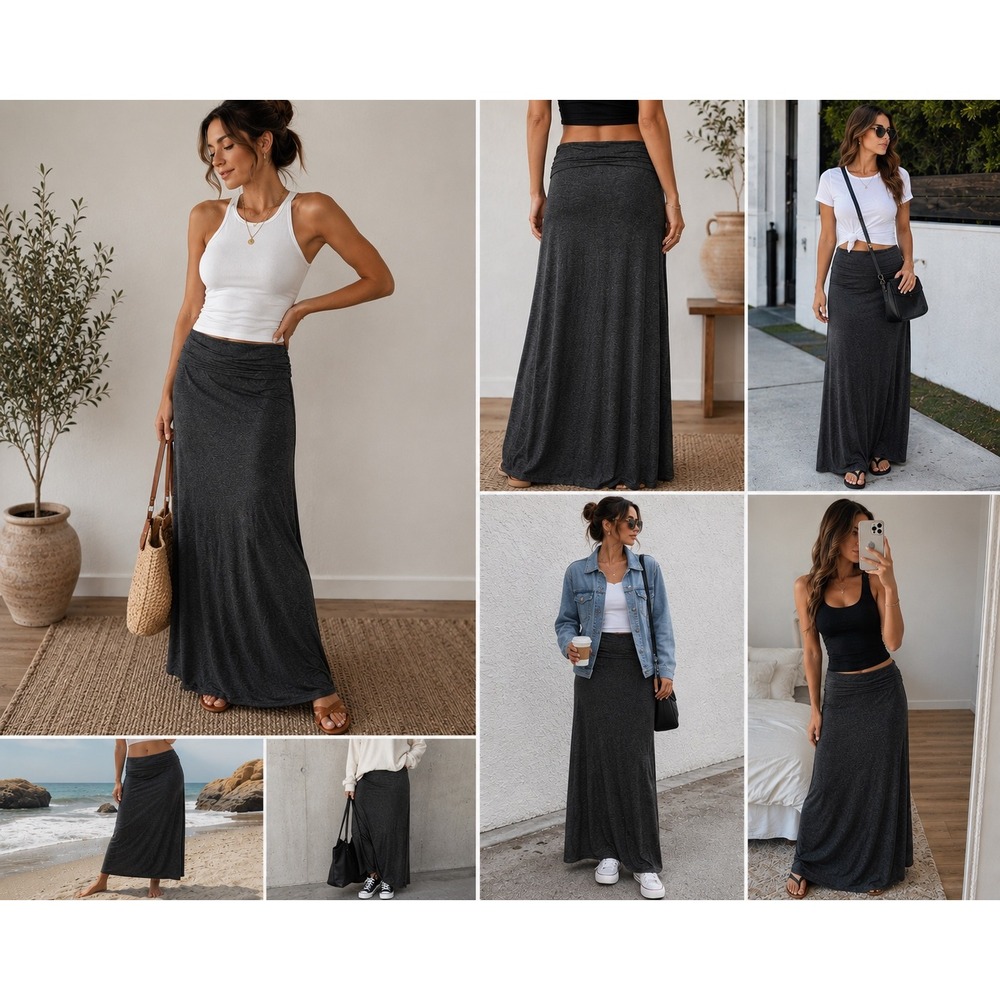 J.Crew Maxi Skirt Women XL Gray Modal Viscose Stretch Casual Foldover Skirt Soft